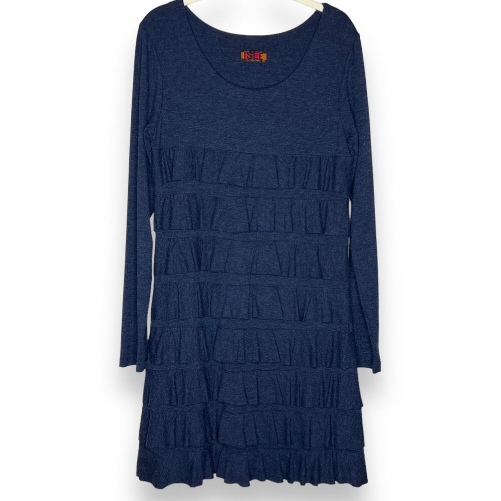 Isle Apparel  Navy Long Sleeve Tiered Ruffle Knit Jersey Dress Size Medium